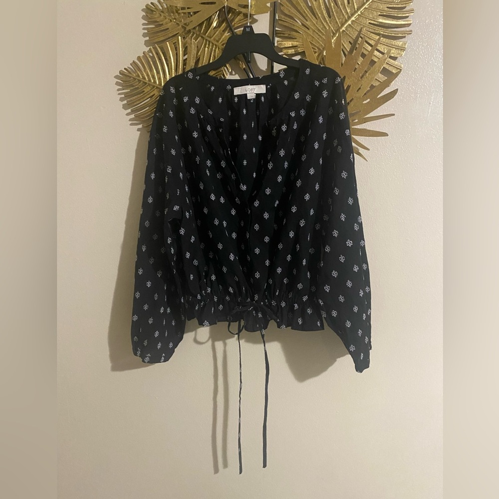 LOFT Black Blouse with White Floral Pattern